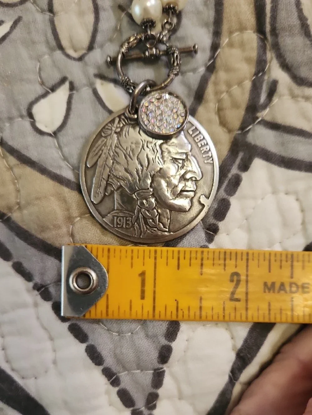 Boutique White Pearl Necklace with Buffalo Nickel Pendant